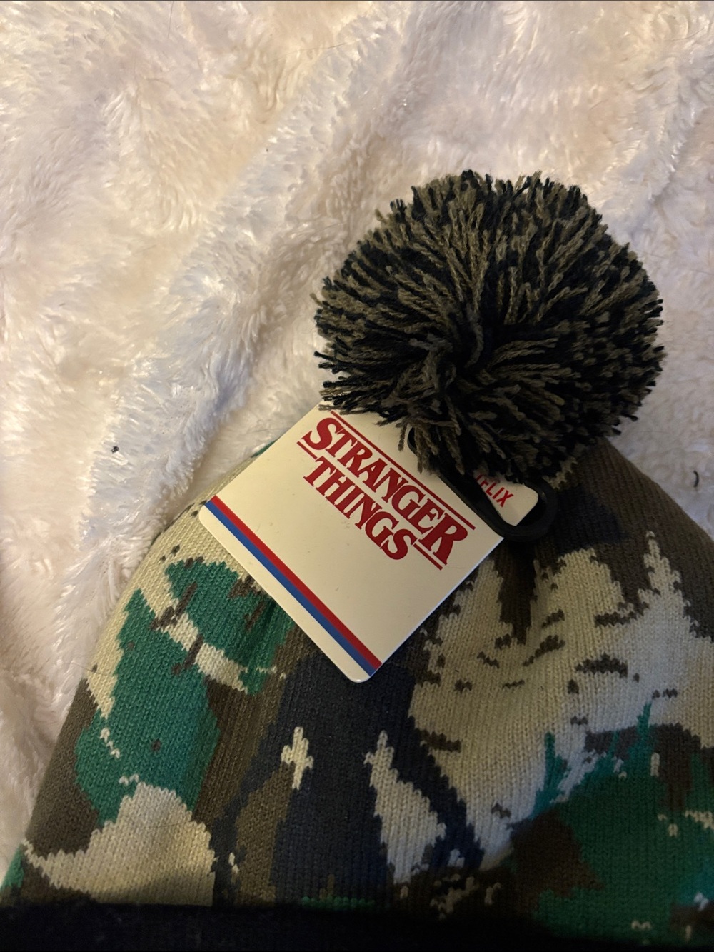 Kids' Camo Pom Beanie - Green/Black - Picture 3 of 4